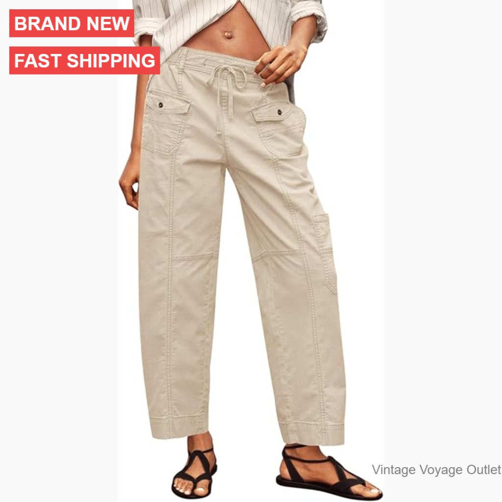 Women's Cotton Cargo Pants Drawstring Waist Hiking Work Casual Pockets
